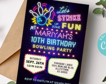 Girl Bowling Invitation, Bowling Invitation Girl, Girl Bowling Party Invite, Girl Bowling Birthday, Bowling Editable Template, Strike Up
