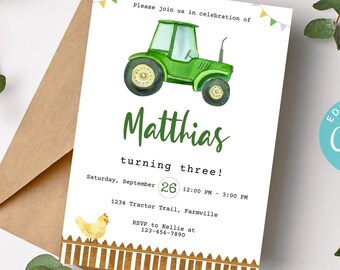 Green Tractor Invitation, Tractor Birthday Invitation Instant Download, Minimalist Tractor Invite Printable, Boy Green Tractor Invite