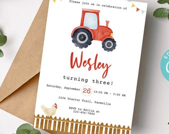 Red Tractor Invitation, Printable Red Tractor Birthday Invitation, Minimalist Red Tractor Invite, Red Tractor Birthday Party Invitation