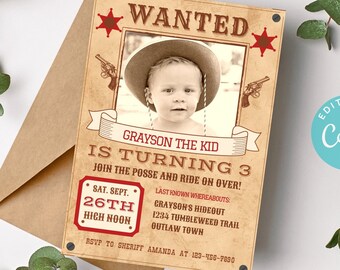 Cowboy Birthday Invitation, Cowboy Invitation Printable, Wanted Poster Invitation, Wild West Birthday Invite, Wanted Poster with Photo Invit