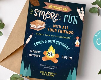S'more Fun Invitation, Boy S'more Fun Invite, Camping Sleepover Invite, S'more Birthday Invitation, Camping Boy invite, S'more Party