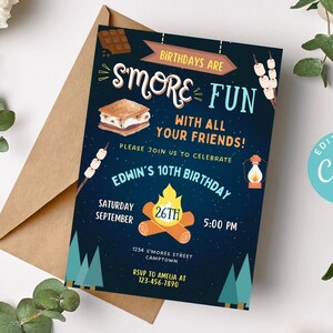 May include: A blue and black invitation with a campfire, marshmallows, and a s'more. The text reads "Birthdays are Smore Fun with all your friends! Please join us to celebrate Edwin's 10th Birthday. Saturday September 26th 5:00 PM 1234 S'mores Street Camptown RSVP to Amelia at 123-456-7890".