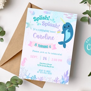 Narwhal Birthday Invitation, Narwhal Birthday Invite, Narwhal Editable Invitation, Narwhal Printable Invitation, Narwhal Invitation Template