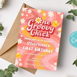 One Groovy Chick Invitation, One Groovy Girl Birthday Invitation, Groovy Fist Birthday Invitation, One Groovy Babe Invitation, Groovy One