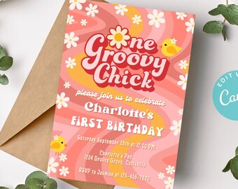 One Groovy Chick Invitation, One Groovy Girl Birthday Invitation, Groovy Fist Birthday Invitation, One Groovy Babe Invitation, Groovy One