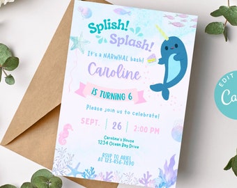 Narwhal Birthday Invitation, Narwhal Birthday Invite, Narwhal Editable Invitation, Narwhal Printable Invitation, Narwhal Invitation Template