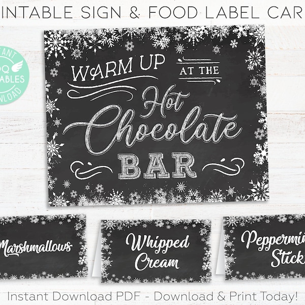 Hot Chocolate Bar Sign & Hot Chocolate Bar Label Tent Cards, Hot Chocolate Bar Printable Kit, Hot Chocolate Party, Hot Cocoa Bar Snowflake