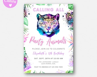 Leopard Birthday Invitation, Calling All Party Animals Invite, Rainbow Leopard Print, Safari Theme Invitation, Cheetah Birthday Invitation