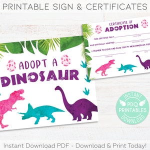 Adopt a Dinosaur Printable Sign &amp; Dinosaur Adoption Certificates, Girl ...