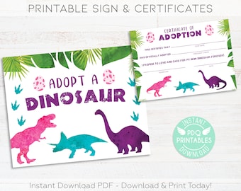 Adopt a Dinosaur Printable Sign & Dinosaur Adoption Certificates, Girl Dinosaur Birthday Party Sign, Dinosaur Decorations Instant Download