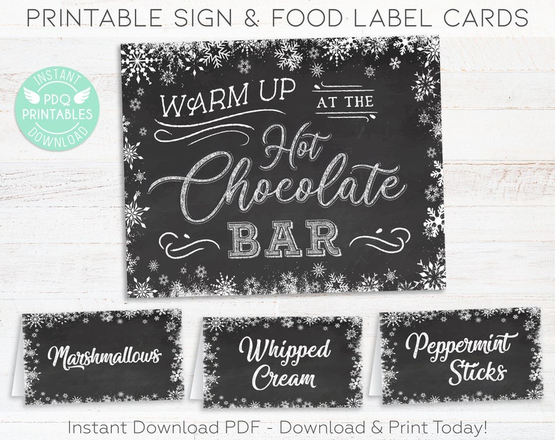 Hot Chocolate Bar Sign & Hot Chocolate Bar Label Tent Cards, Hot Chocolate Bar Printable Kit, Hot Chocolate Party, Hot Cocoa Bar Snowflake image 1