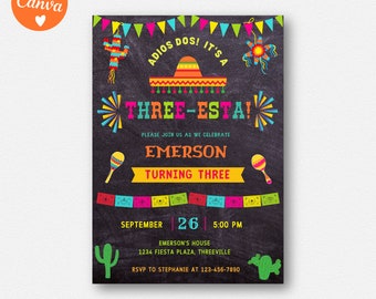 May include: A colorful invitation for a child's third birthday party with a Mexican fiesta theme. The invitation features a sombrero, maracas, and a cactus. The text on the invitation reads "Adios Dos! It's a Three-Esta!" and includes the child's name, Emerson, and the date and time of the party.
