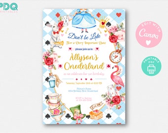 Alice in Onederland Invitation, Alice in Onederland Birthday Invite, Alice in Wonderland First Birthday Invitation, Alice Onederland Templat