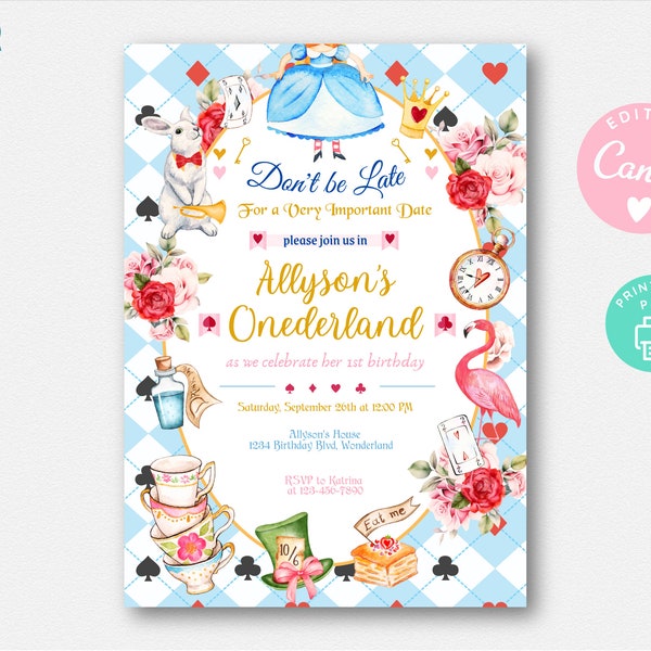 Alice in Onederland Invitation, Alice in Onederland Birthday Invite, Alice in Wonderland First Birthday Invitation, Alice Onederland Templat