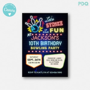 Może przedstawiać: Zaproszenie na przyjęcie urodzinowe w stylu bowlingowym z neonowym napisem. Zaproszenie zawiera napis "Let's Strike Up Some Fun at Jackson's 10th Birthday Bowling Party". Zaproszenie zawiera datę, godzinę i miejsce przyjęcia.