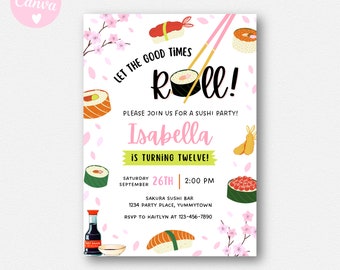 Girl Sushi Birthday Invitation, Pink Sushi Invitation, Sushi Invitation, Sushi Invite, Sushi Party Invitation, Sushi Let the Good Times Roll