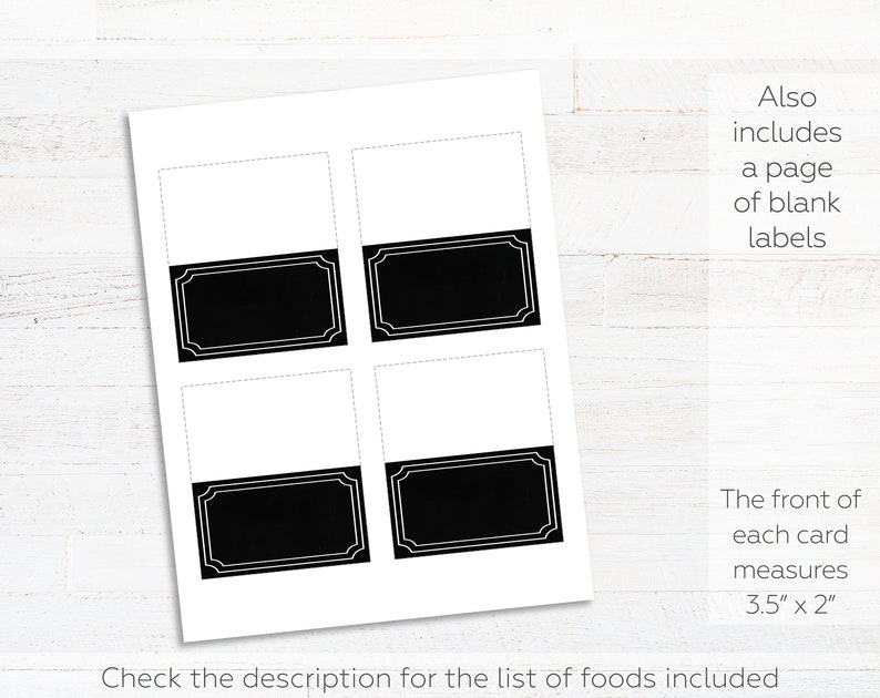 May include: Printable food labels with a black and white design. Each label has a blank space for writing and a black chalkboard area. The labels measure 3.5 inches by 2 inches.