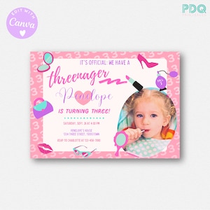 Threenager Invitiation Printable, Threenager Invite Instant Download, 3rd Birthday Girl Invite, Girl 3rd Digital Invite Editable Template