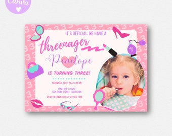 Threenager Invitiation Printable, Threenager Invite Instant Download, 3rd Birthday Girl Invite, Girl 3rd Digital Invite Editable Template