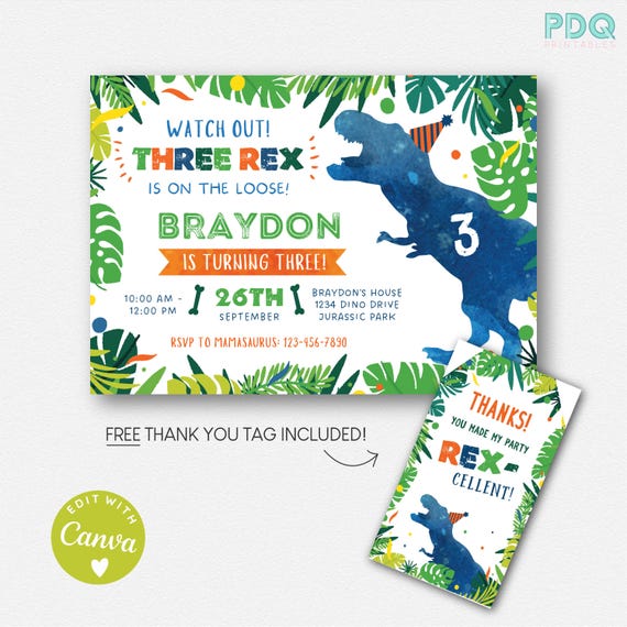 Three Rex Invitation, Three Rex Birthday Invitation Instant Download, Three Rex Invite Printable Dinosaur 3rd Birthday T-Rex Invite Template