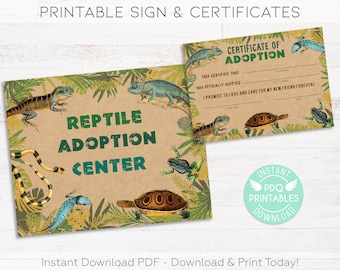 Adopt a Reptile Printable Sign & Reptile Adoption Certificates, Reptile Birthday Party Sign, Reptile Decorations Instant Download PDF