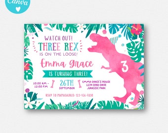 Three Rex Invitation for Girls – Editable Pink Dinosaur Birthday Party Invite – Digital 3rd Birthday Template – Girl Dino Party Download