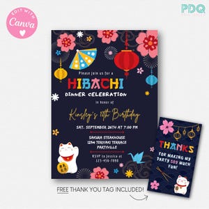 Editable Hibachi Birthday Invitation for Girls – Japanese Restaurant Party Canva Template – Digital Sushi Ramen Party Invite + Favor Tags