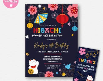 Editable Hibachi Birthday Invitation for Girls – Japanese Restaurant Party Canva Template – Digital Sushi Ramen Party Invite + Favor Tags