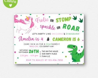 Unicorn and Dinosaur Invitation Printable, Dinosaur & Unicorn Invite Instant Download, Sibling Birthday Digital Invite Editable Template