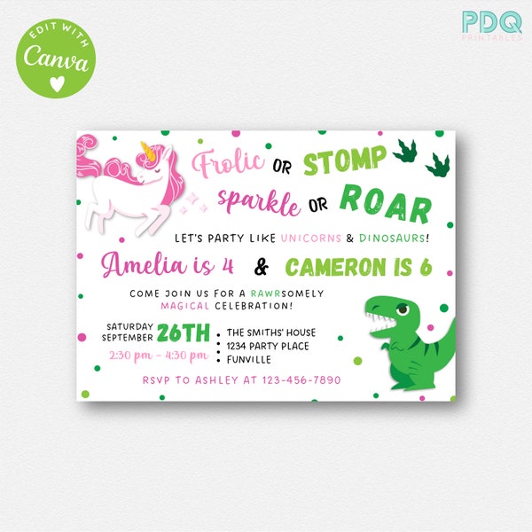 Unicorn and Dinosaur Invitation Printable, Dinosaur & Unicorn Invite Instant Download, Sibling Birthday Digital Invite Editable Template