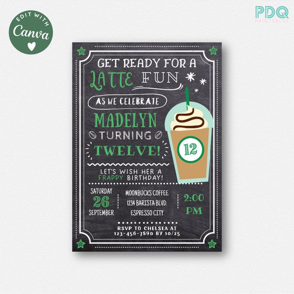 Coffee Shop Birthday Invitation Instant Download Printable, Frappuccino Invite, Frappy Birthday Latte Fun Digital Invite Editable Template