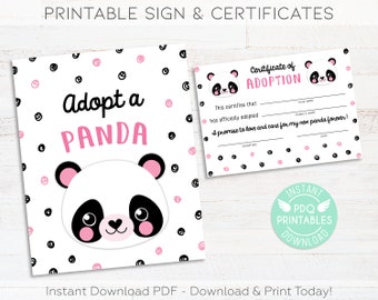 Adopt a Panda Sign & Panda Adoption Certificates, Panda Birthday Sign, Panda Party Decorations, Panda Adoption Instant Download PDF