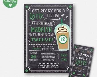 Editable Coffee Birthday Invitation – Latte Fun Invite for Girls – Canva Template – Digital Download – Tween Teen Birthday Printable