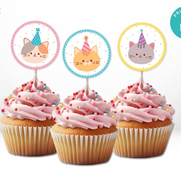 Kitten Birthday Party Cupcake Toppers, Cute Cat Cupcake Toppers, Kitty Cupcake Toppers, Printable Cat Cupcake Toppers Instant Download