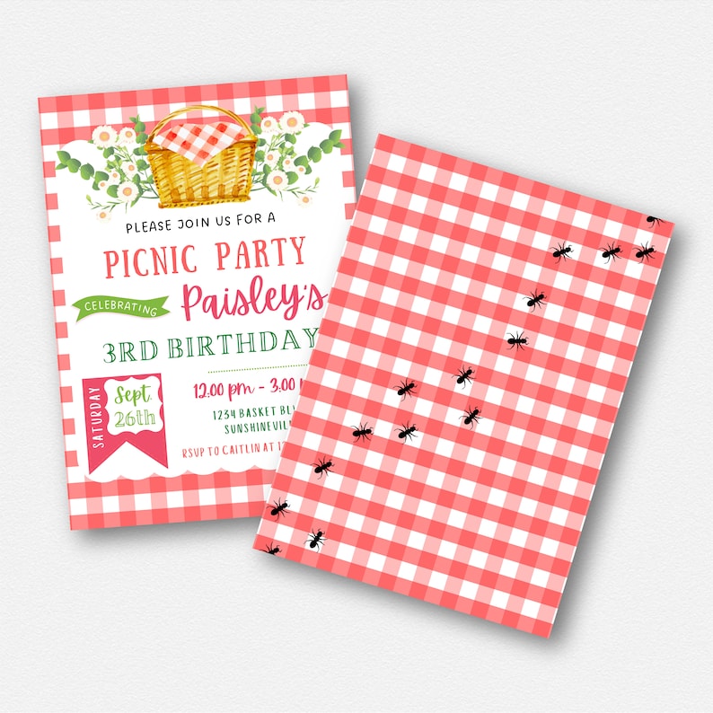 Picnic Birthday Invitation, Picnic Party Invitation Instant Download, Gingham Floral Summer Birthday Picnic Digital Invite Editable Template image 2