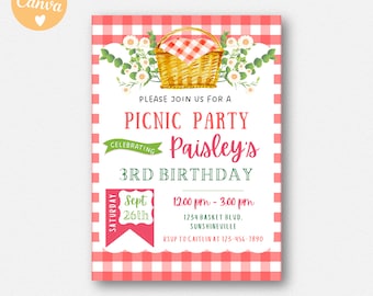 Picnic Birthday Invitation, Picnic Party Invitation Instant Download, Gingham Floral Summer Birthday Picnic Digital Invite Editable Template