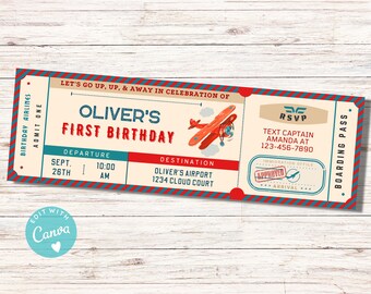 First Birthday Airplane Invitation Ticket, Airplane First Birthday Ticket, Pilot Birthday Ticket, Airplane First Birthday Invite, Plane