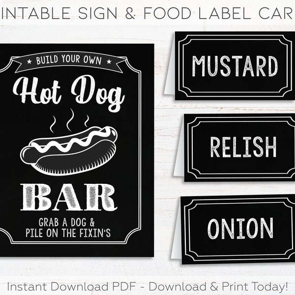Hot Dog Bar Sign & Hot Dog Bar Label Tent Cards, Hot Dog Bar Printable, Hot Dog Party, Hot Dog Bar Menu, Baby Q Printable, BBQ Printable