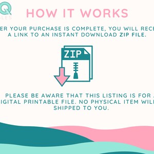 Op de afbeelding: Een digitale downloadafbeelding met de tekst "HOW IT WORKS" in roze en turquoise. De tekst legt uit dat na aankoop een link naar een direct downloadbaar ZIP-bestand wordt verstrekt. Een turquoise pictogram van een ZIP-bestand met een roze pijl naar beneden wordt weergegeven.