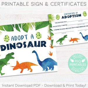 Adopt a Dinosaur Printable Sign & Dinosaur Adoption Certificates, Boy Dinosaur Birthday Party Sign, Dinosaur Decorations Instant Download