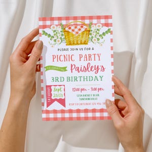 Editable Picnic Birthday Invitation for Girls – Gingham Party Invite Canva Template – Digital Download – Cute Summer Picnic Theme