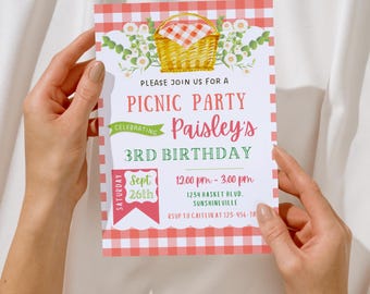 Editable Picnic Birthday Invitation for Girls – Gingham Party Invite Canva Template – Digital Download – Cute Summer Picnic Theme