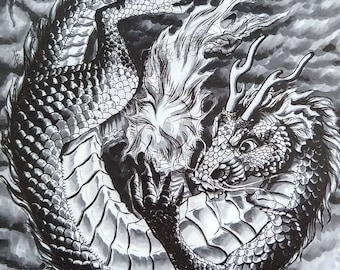 Dragon 11 X 14" Art Print / Mythological Print / Whimsical Decor / Pen & Ink Print / Fantasy Lover Gift / Fairy Tale Themed / Celestial