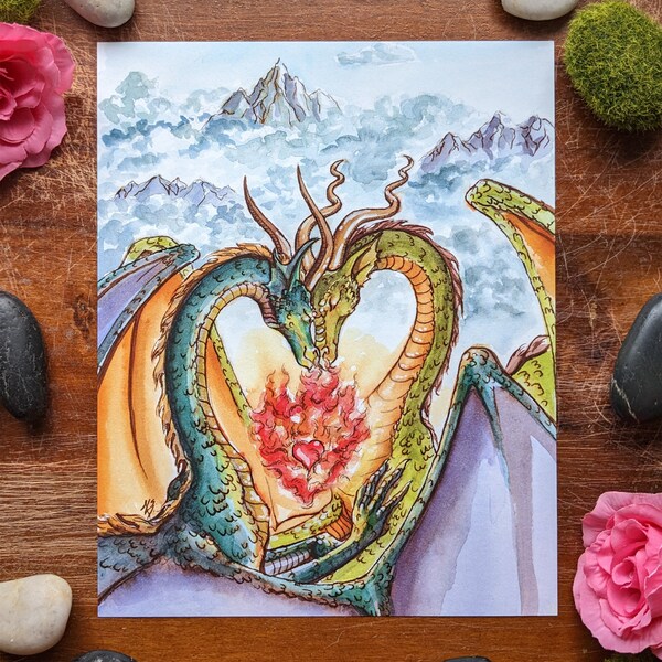 Dragon Sweethearts 8 X 10" Art Print / Fantasy Print / Whimsical Decor / Valentine's Day