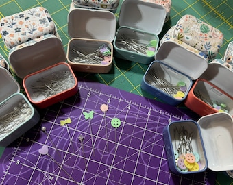 Travel tins of pins for sewing and quilting