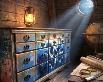Deep Sea Dancer Nautical Dresser • Hand-Painted and Decoupaged Vintage 9-Drawer Octopus Bureau