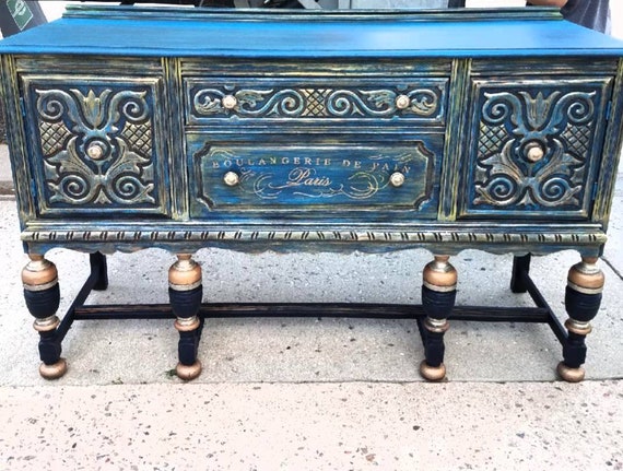 Sold 1920s Bernhardt Jacobean Buffet Sideboard Navy Blue Etsy