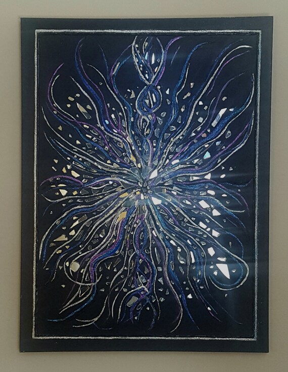 Midnight Reflections Canvas Acrylic Painting W Broken Mirror Pieces Mosaic Art
