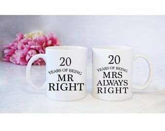 20th Anniversary Gift, 20th Anniversary Gift for Parents, Friends, 20th Wedding Anniversary,Mr Right Mrs Always Right Anniversary Mug Set