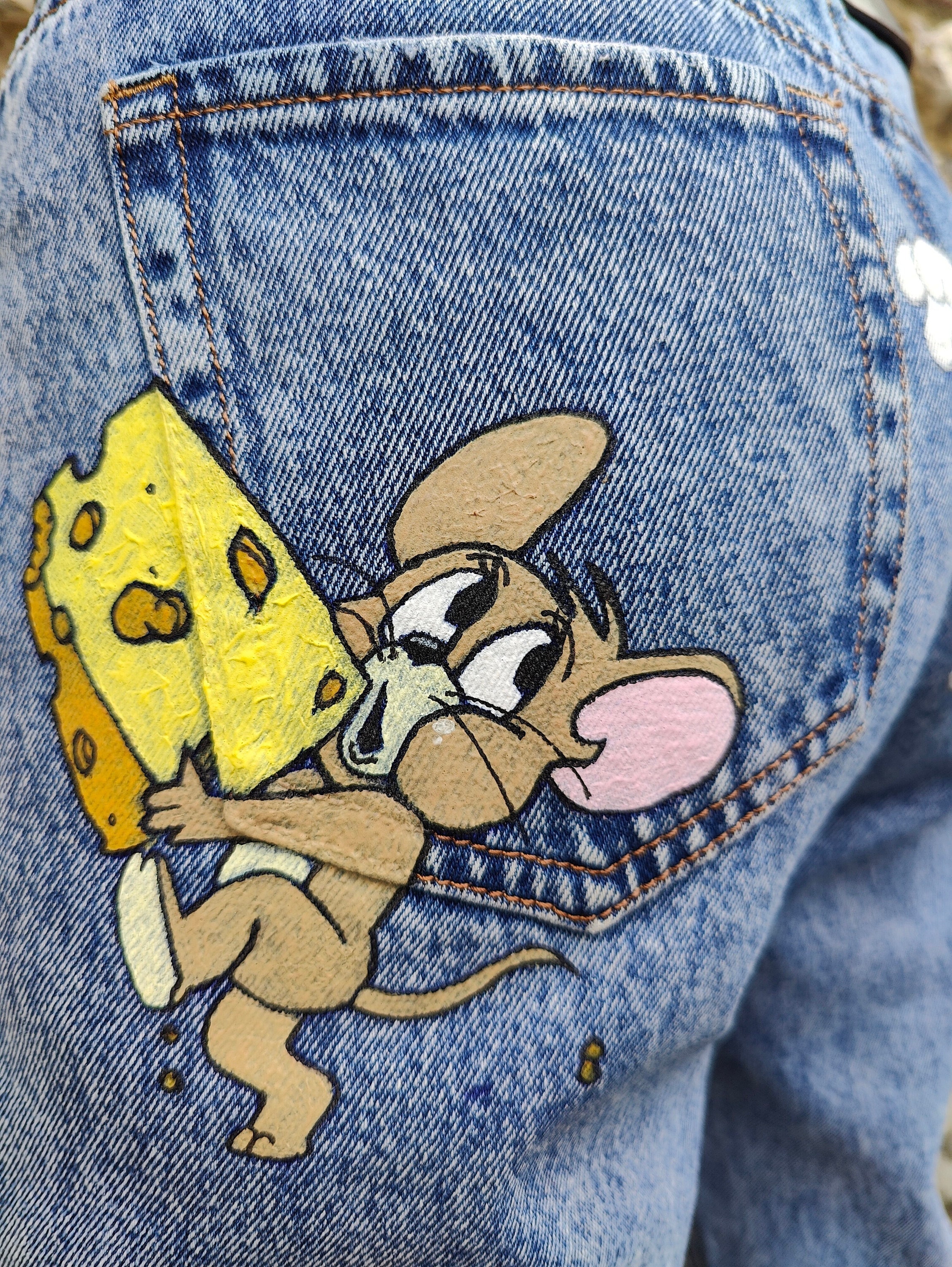 Hand Painted MISS BONBON Italy Premium Denim Tom Jerry  Size M